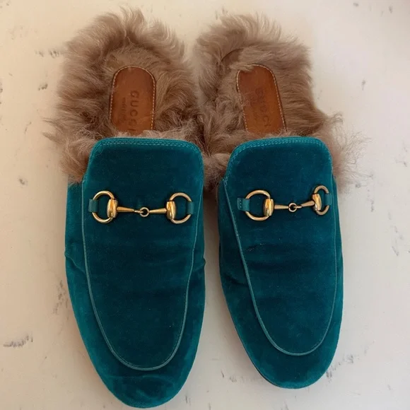 Gucci Princetown Fur Mules Color Teal Velvet Horsebit Slides Womens Size 36.5 - Picture 4 of 16